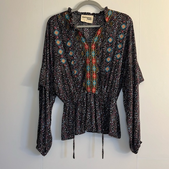 Savanna Jane Tops - Savanna Jane Embroidered Peplum Boho Print Blouse Size S Black Pink Blue